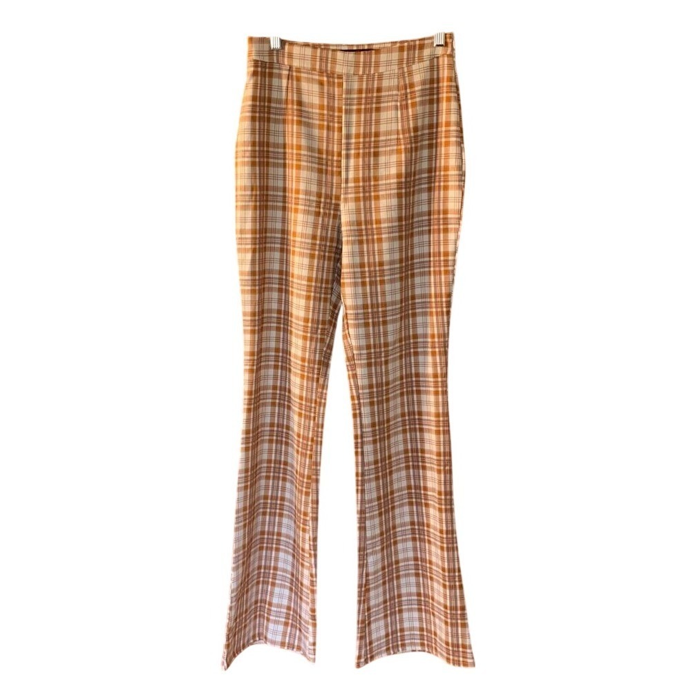Missguided Plaid High Waisted Flare Pants Brown Check Trousers Sz 4 Womensโ